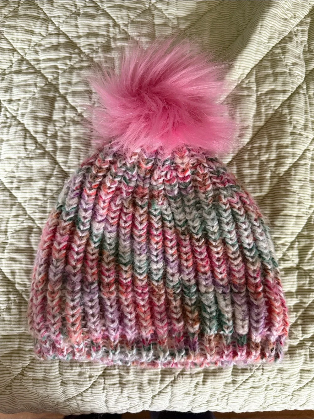 Kids Multicolor Knit Beanie with Pink Pom Pom